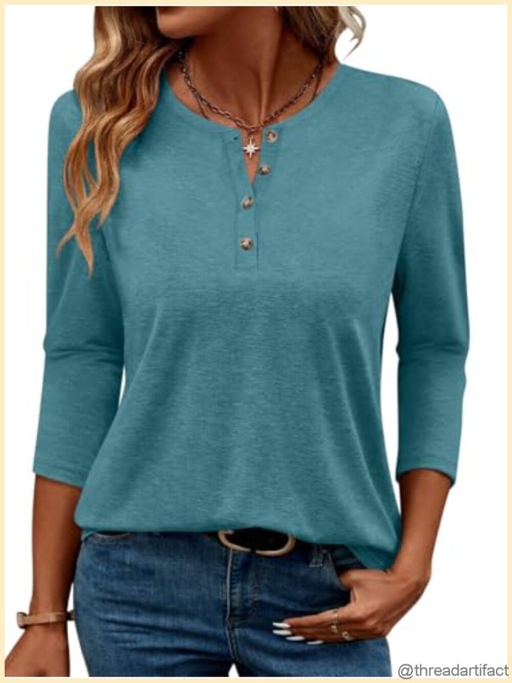 Women's 3/4 Sleeve Henley Top Casual Button Down Loose T Shirt